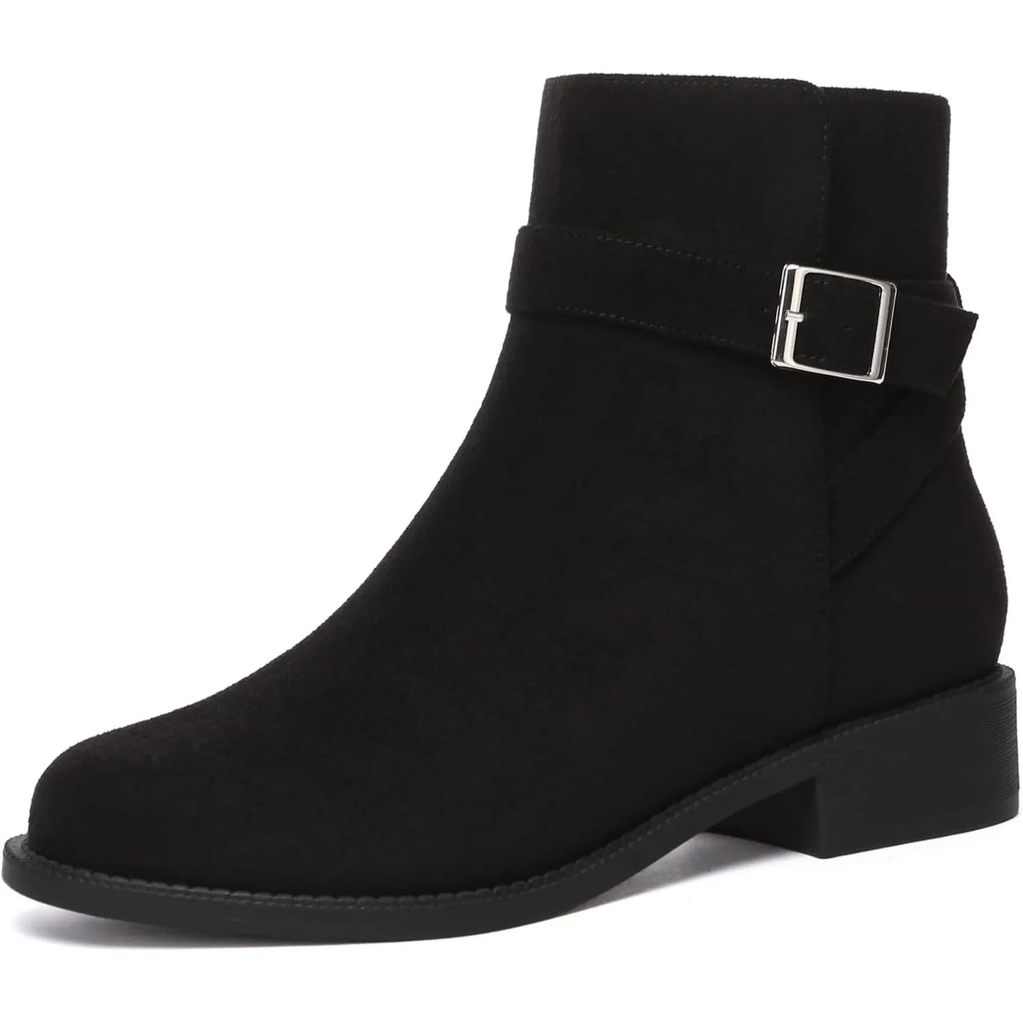 Women's Ankle Boots Chunky Low Heel Fashion Round Toe Side Zipper Buckle Booties