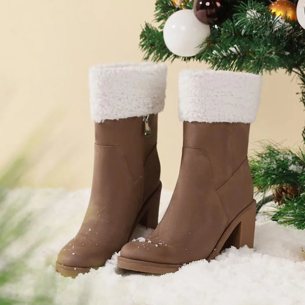 Winter Boots for Women Comfortable Side Zipper Mid Chunky Heel Suede Warm Fur Snow Ankle Boot Outdoor Party Shoes