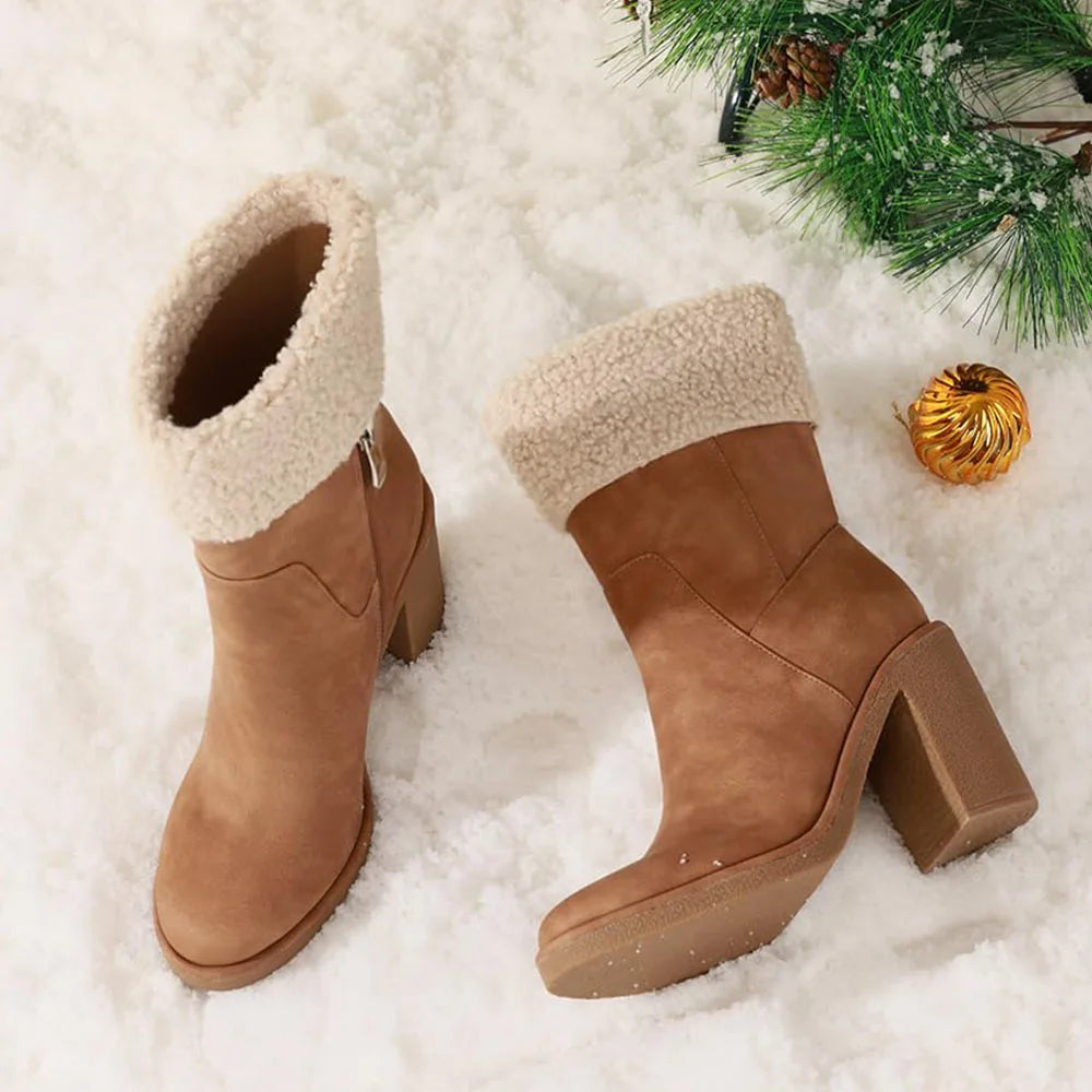 Winter Boots for Women Comfortable Side Zipper Mid Chunky Heel Suede Warm Fur Snow Ankle Boot Outdoor Party Shoes