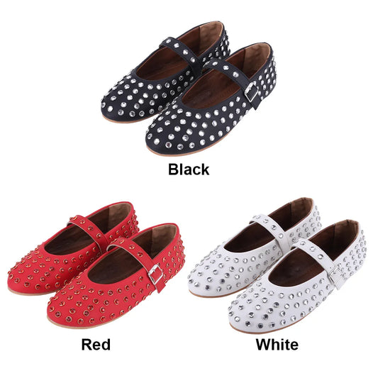 Women Shiny Rhinestone Shoes with Buckle Strap Rhinestone Ballet Flats Round Toe Dancing Shoes Comfortable Female Casual Shoes