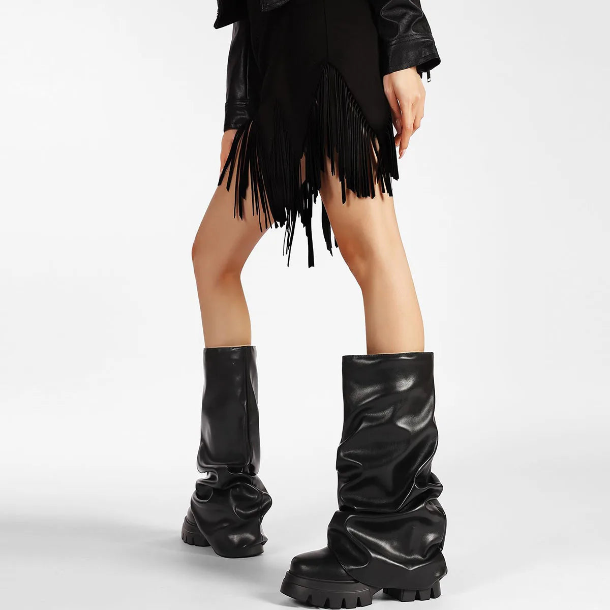 Punk Gothic Women Fold Over Boots Metallic Platform Mid Calf Chunky High Heel Motorcycle Trendy Cool Fashion Combat Boots