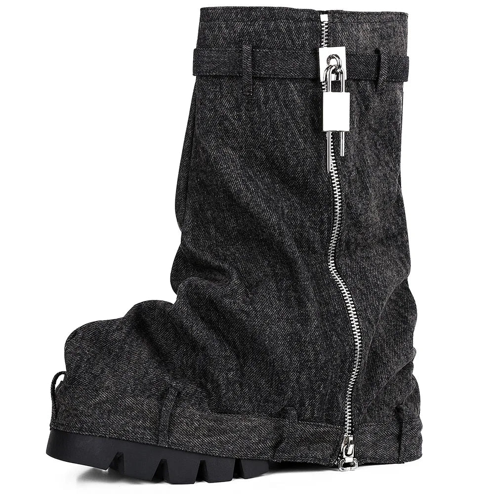 Punk Women's Fold Over Boots Slouchy Boots Wide Calf Pleated Platform Denim Boots Chunky Stacked Boots Mid Calf Boots Women