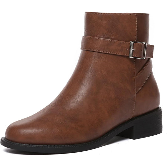 Women's Ankle Boots Chunky Low Heel Fashion Round Toe Side Zipper Buckle Booties