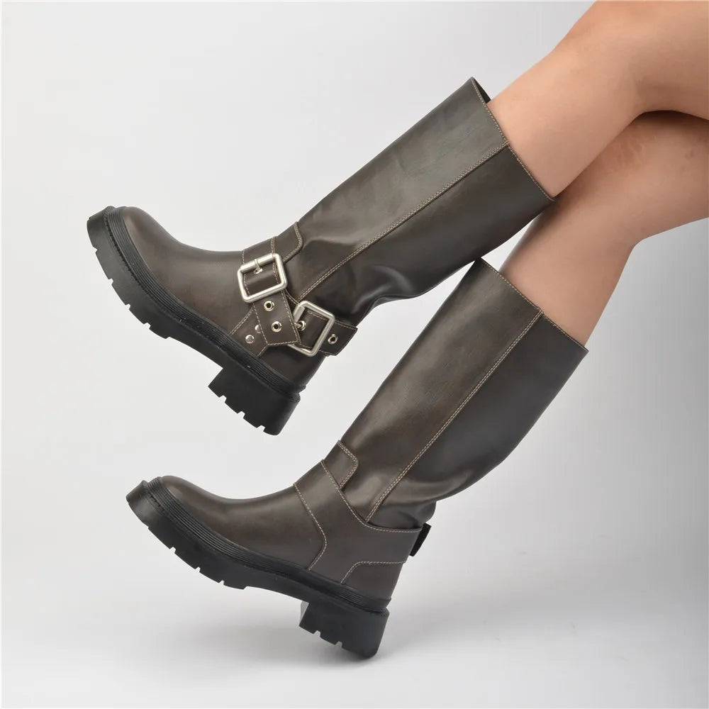 Classic Woman Winter Long Boots with Buckle Strap Fashion Knight Mid-calf Women Boots Soft Leather Non-slip Booties Shoes