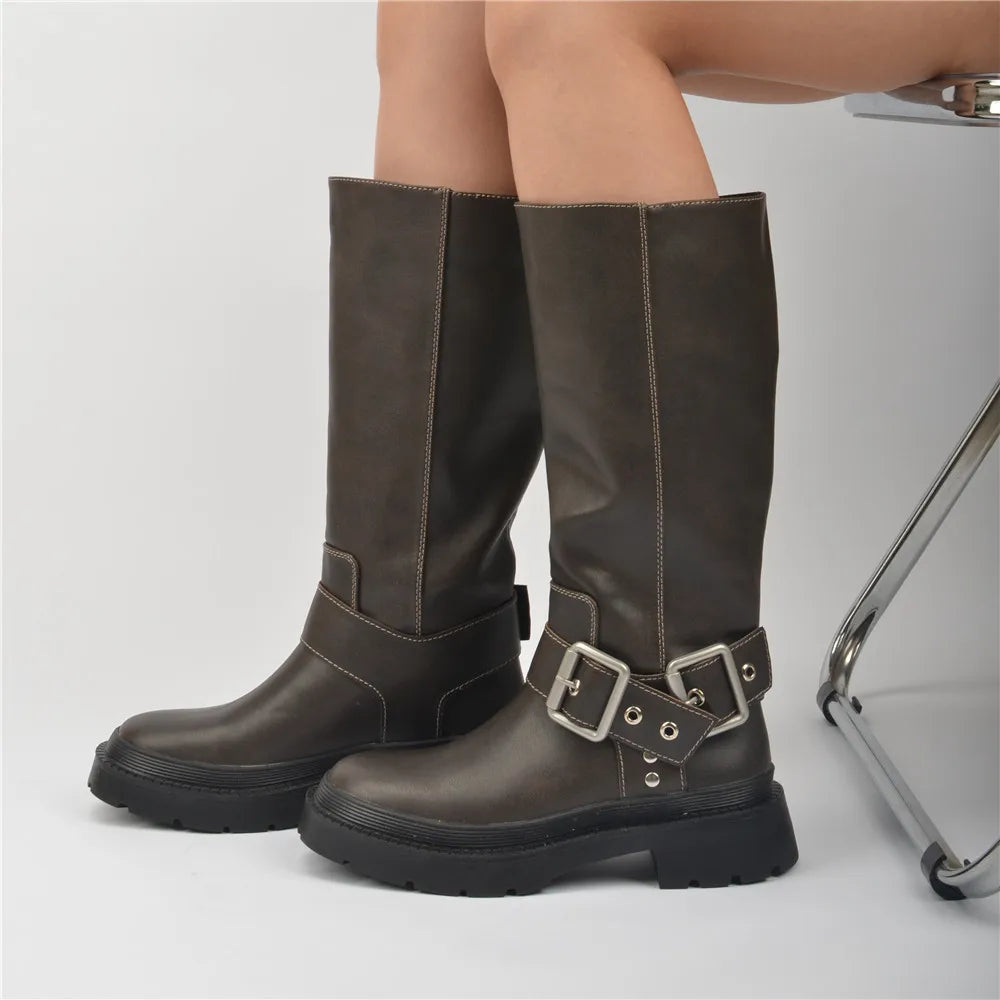 Classic Woman Winter Long Boots with Buckle Strap Fashion Knight Mid-calf Women Boots Soft Leather Non-slip Booties Shoes
